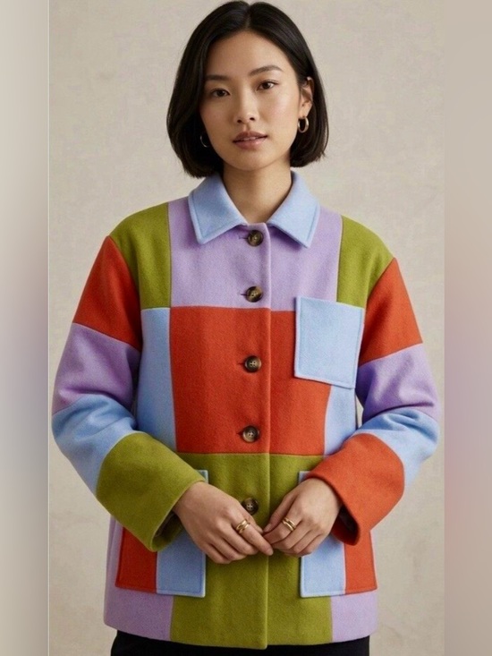 FRNCH Jackets & Blazers - FRNCH Paris Colorblock Mod Jacket Coat Size S Retro Patchwork Statement Outerwea